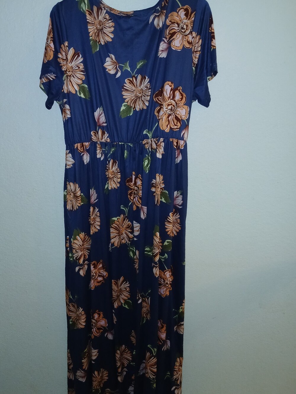 Light Blue Floral Dress with Navy and Peach Accents